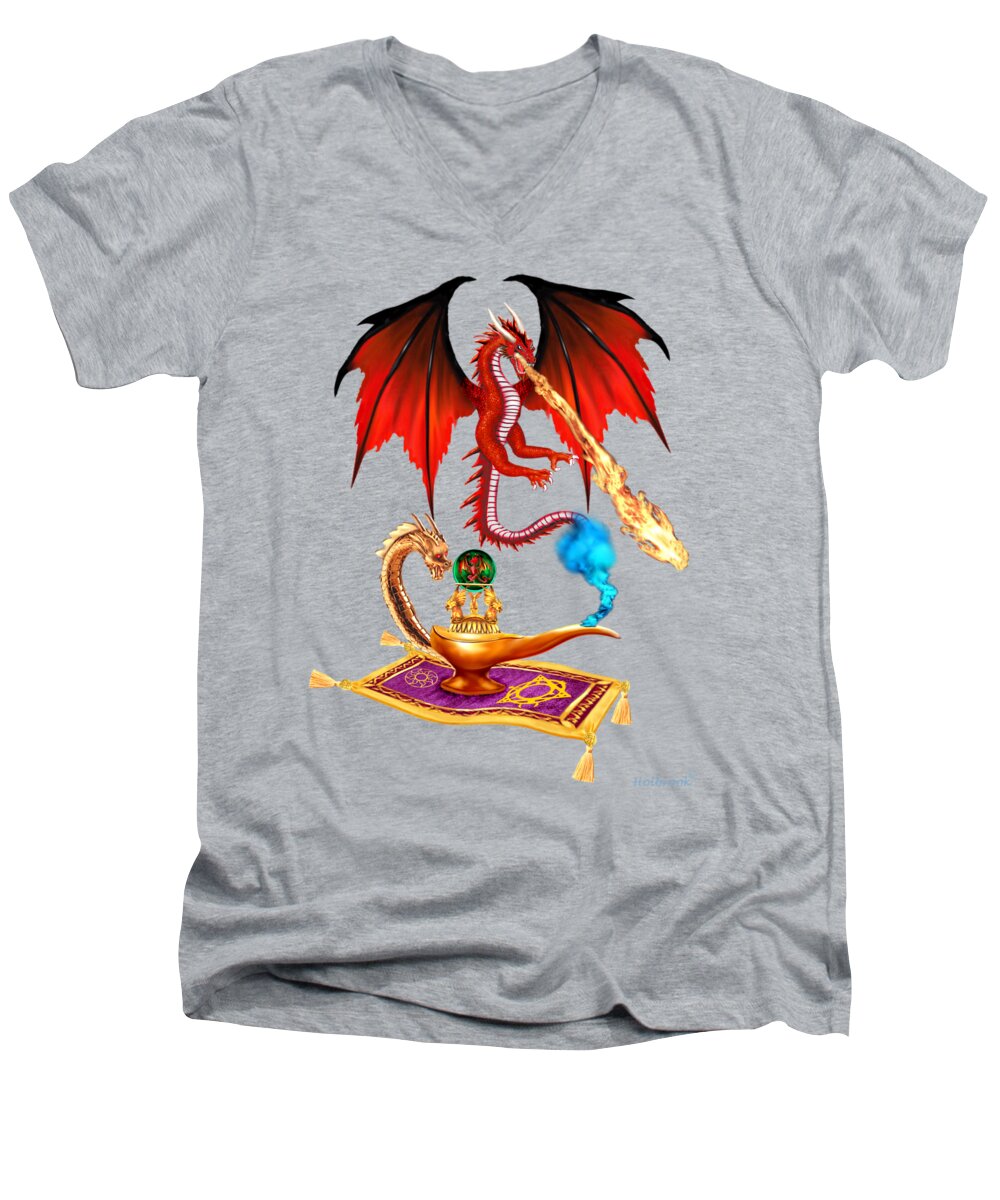 Flying Red Dragon Men's V-Neck T-Shirt featuring the digital art Dragon Genie by Glenn Holbrook