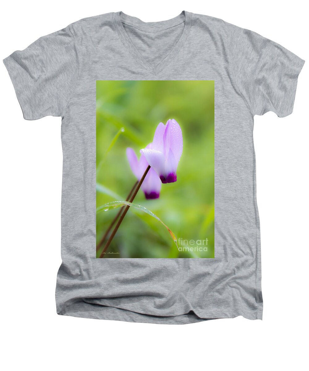 Purple Men's V-Neck T-Shirt featuring the photograph Dream on purple dew drops by Arik Baltinester