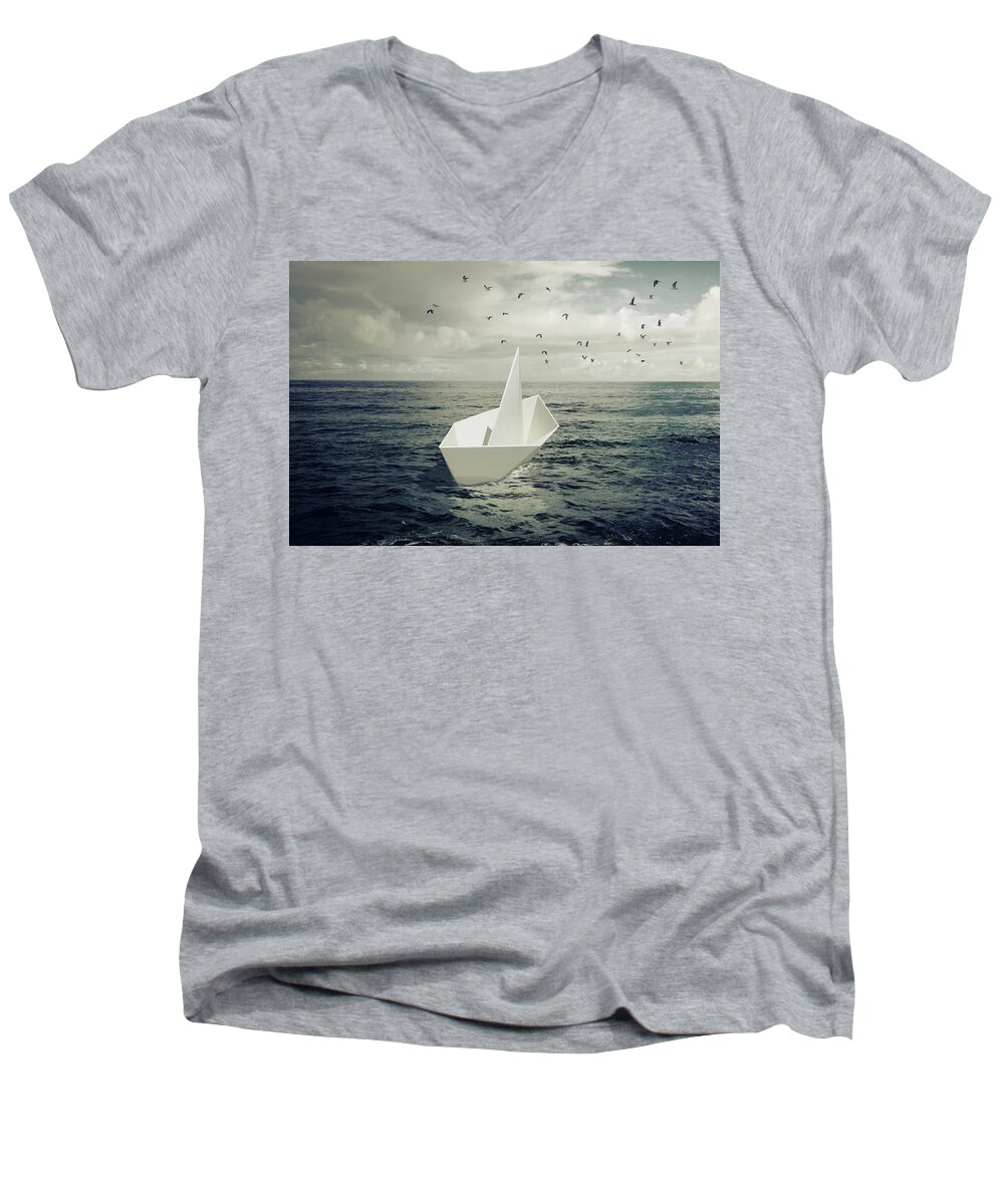 Abstract Men's V-Neck T-Shirt featuring the photograph Drifting Paper Boat by Carlos Caetano