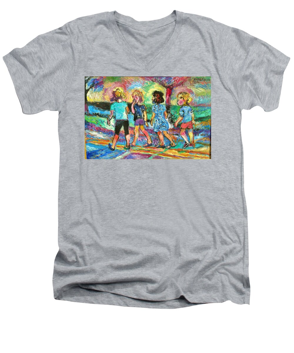 Children Men's V-Neck T-Shirt featuring the painting Ducks In A Row by Mykul Anjelo