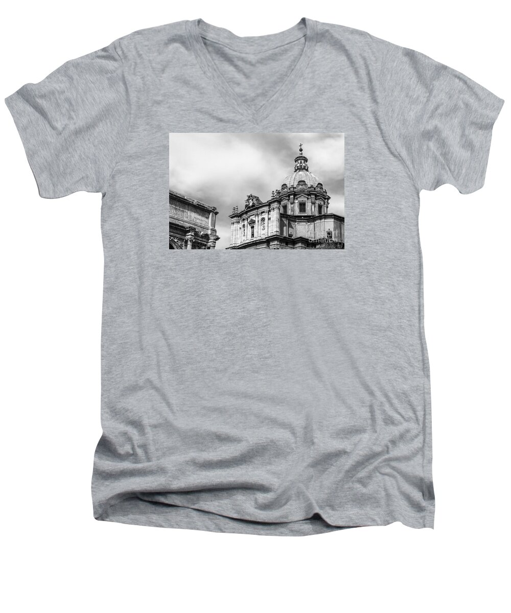 Italy Men's V-Neck T-Shirt featuring the photograph Duomo of Santi Luca e Martina and Arch of Septimius Severus by Prints of Italy