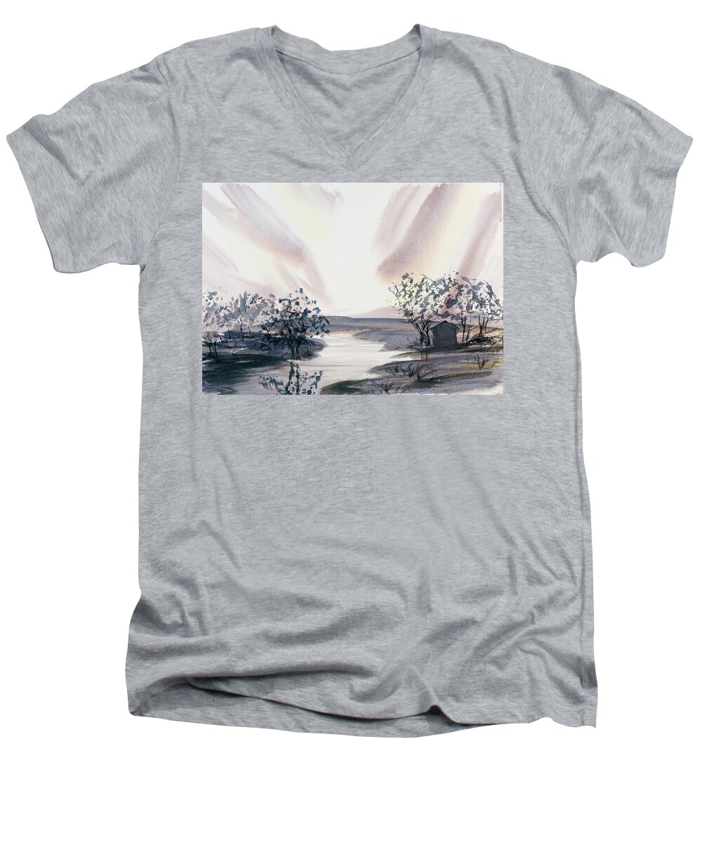 Australia Men's V-Neck T-Shirt featuring the painting Dusk Creeping Up the River by Dorothy Darden