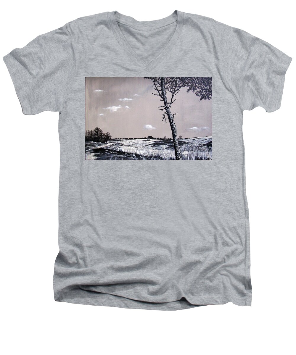 Duotone Men's V-Neck T-Shirt featuring the painting Dutch Heathland by Arie Van der Wijst