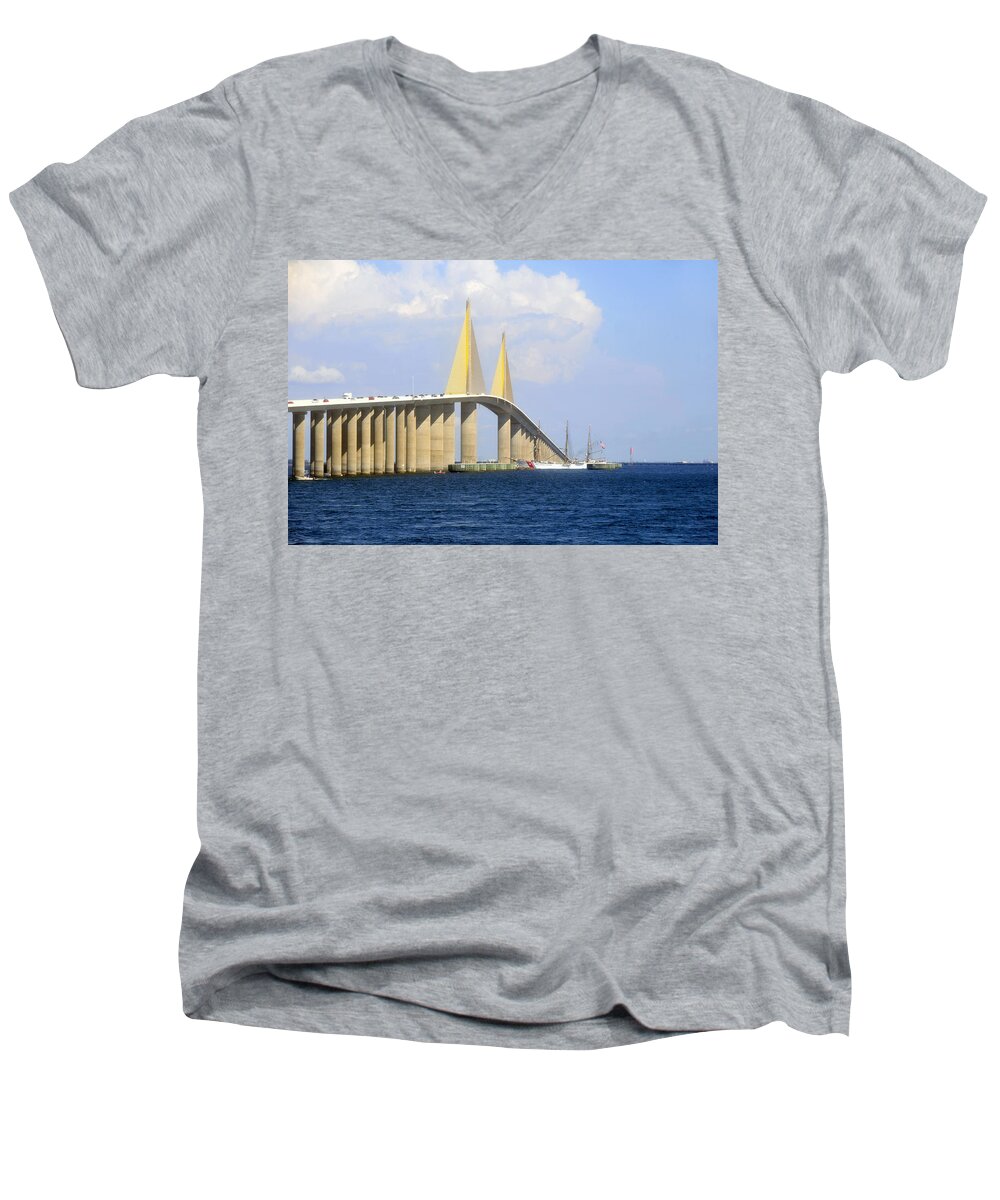 Sunshine Skyway Bridge Men's V-Neck T-Shirt featuring the photograph Eagle under the Sunshine by David Lee Thompson