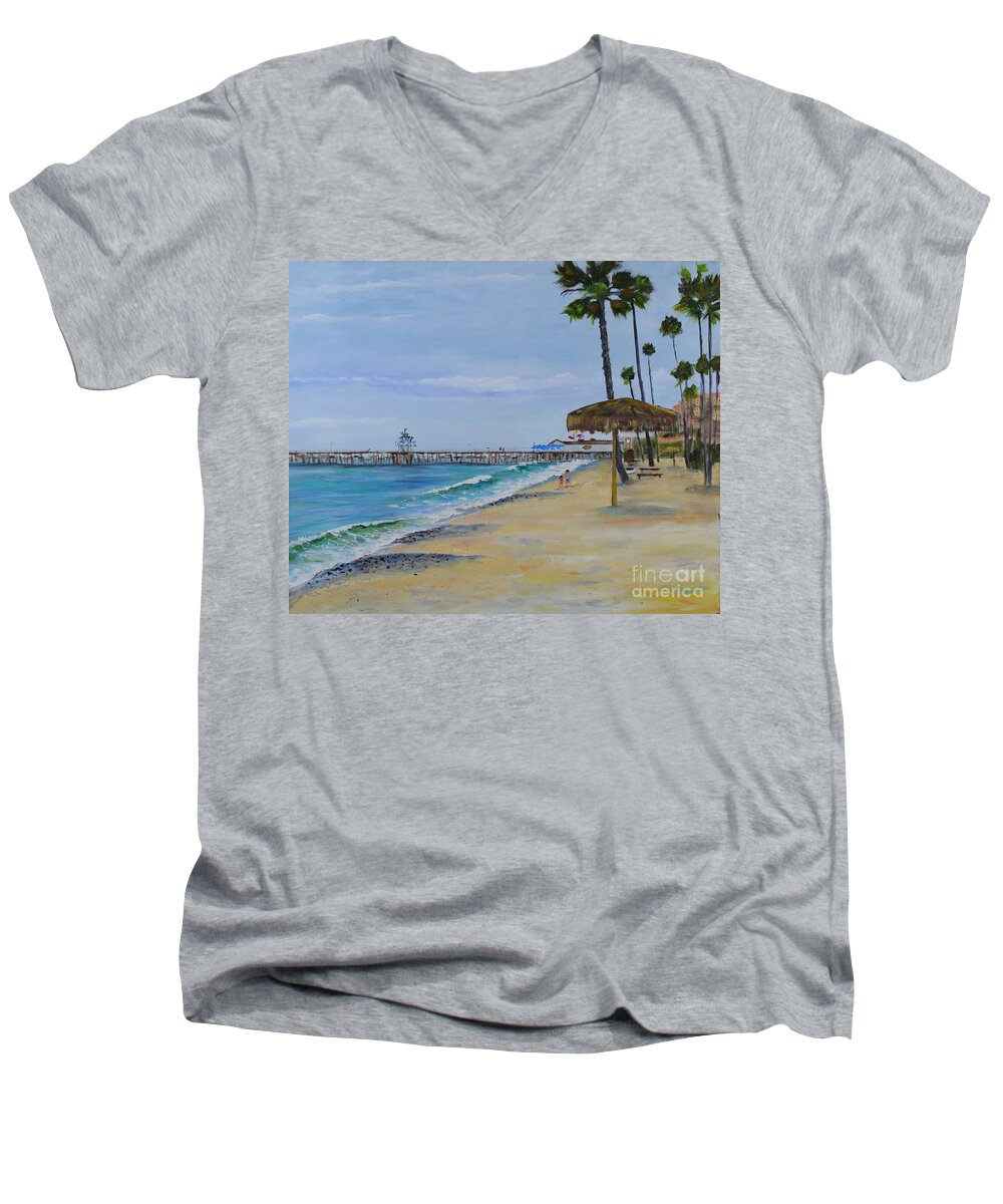 Beach Men's V-Neck T-Shirt featuring the painting Early Morning on the Beach by Mary Scott