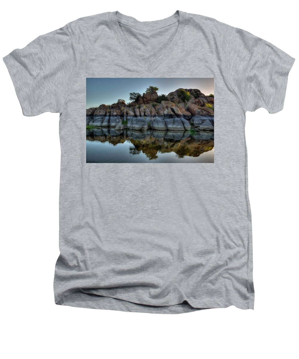 Watson Lake Men's V-Neck T-Shirt featuring the photograph Early Morning Watson Lake - 3 by Hany J