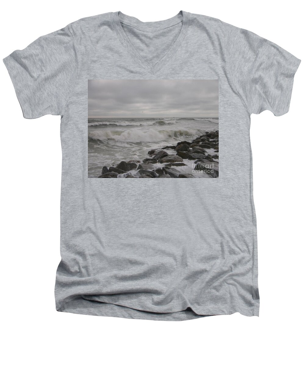 Ocean Waves Men's V-Neck T-Shirt featuring the photograph Overcast with surf at the jetty 10-6-15 by Julianne Felton