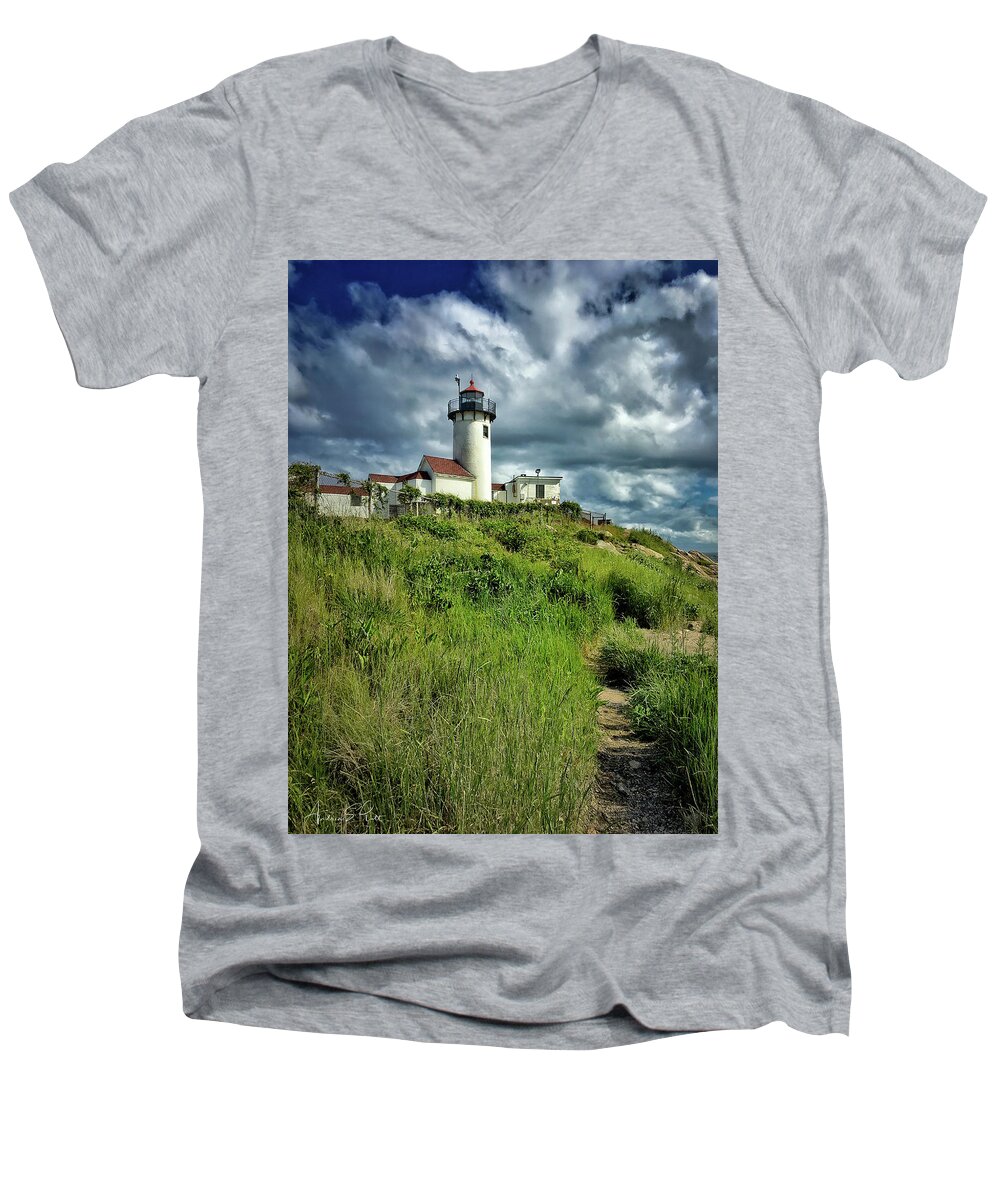 Lighthouse Men's V-Neck T-Shirt featuring the photograph East Point Lighthouse by Andrea Platt