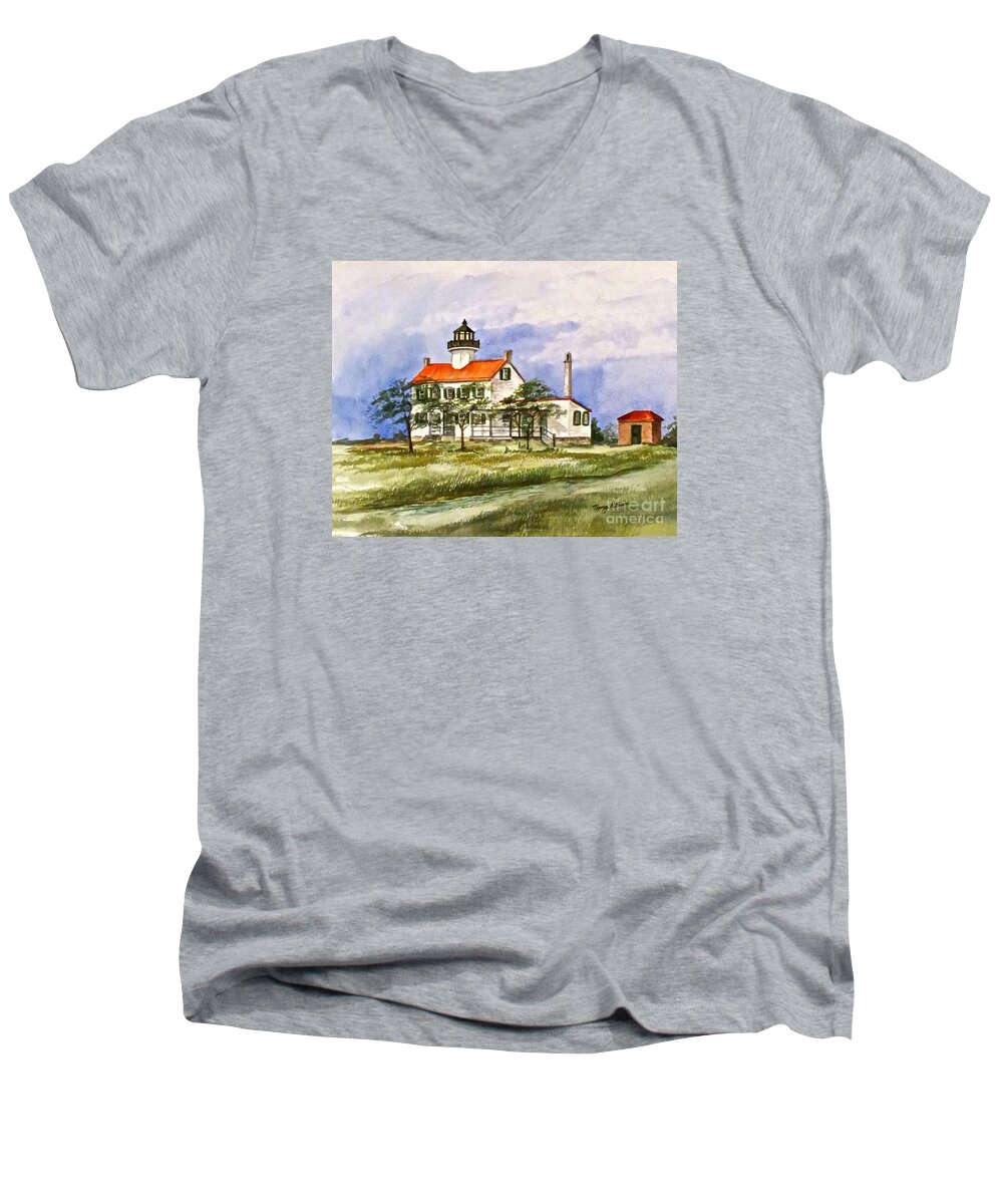 East Point Lighthouse Men's V-Neck T-Shirt featuring the painting East Point Lighthouse Glory Days by Nancy Patterson