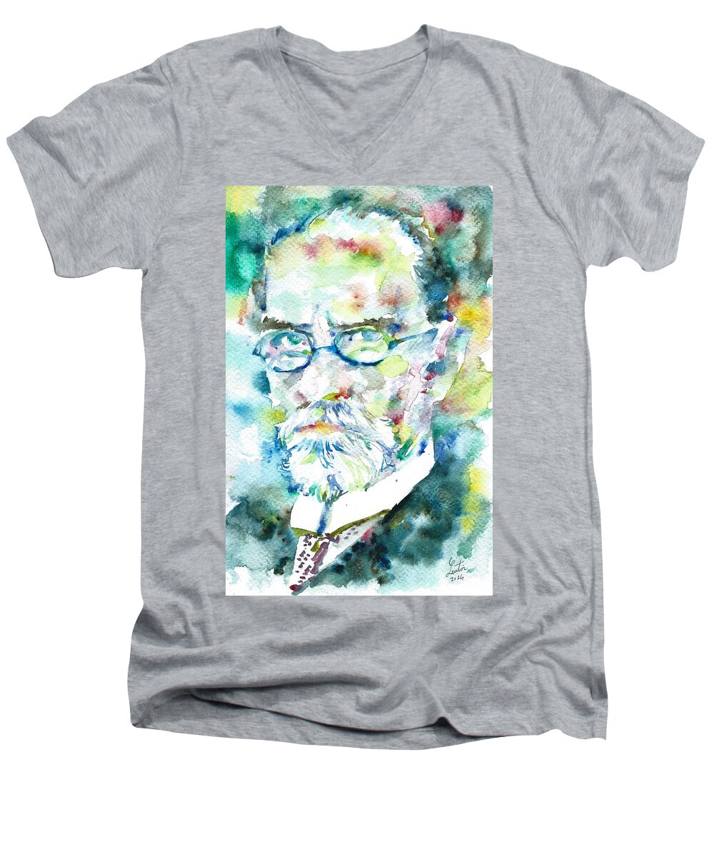 Edmund Husserl Men's V-Neck T-Shirt featuring the painting EDMUND HUSSERL - watercolor portrait by Fabrizio Cassetta