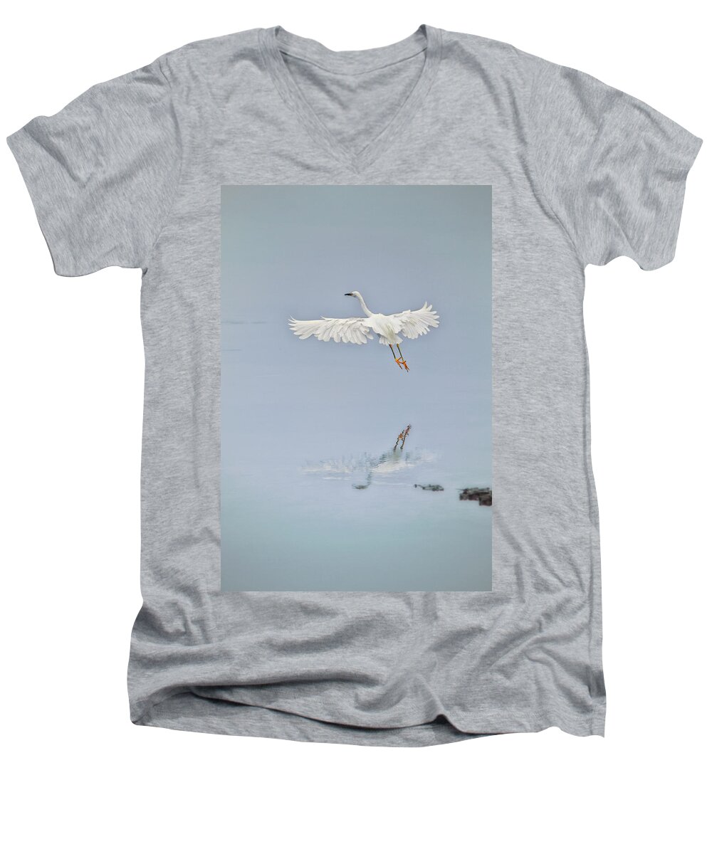 Egret Men's V-Neck T-Shirt featuring the photograph Egret Takes Flight by Susan Gary