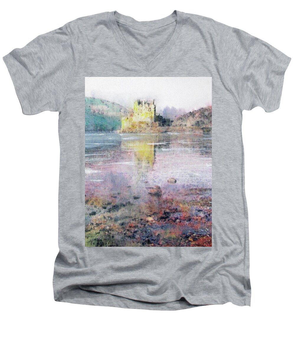 Eilean Donan Men's V-Neck T-Shirt featuring the painting Eilean Donan Castle by Richard James Digance
