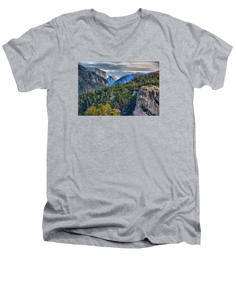 Yosemite National Park Men's V-Neck T-Shirt featuring the photograph El Capitan and Half Dome by Josephine Buschman