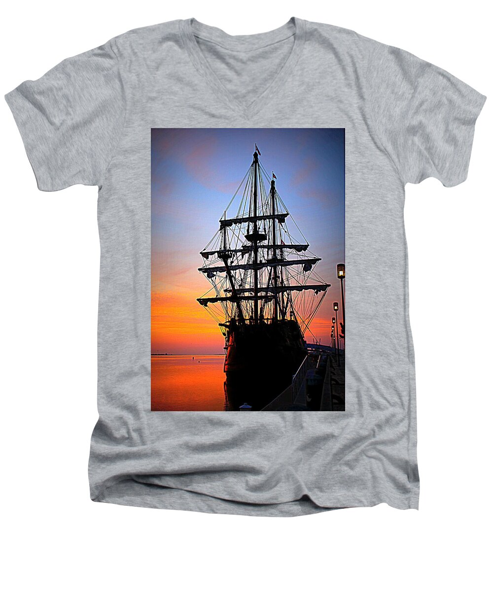 El Galeon At Sunrise Men's V-Neck T-Shirt featuring the photograph El Galeon at Sunrise by Suzanne DeGeorge