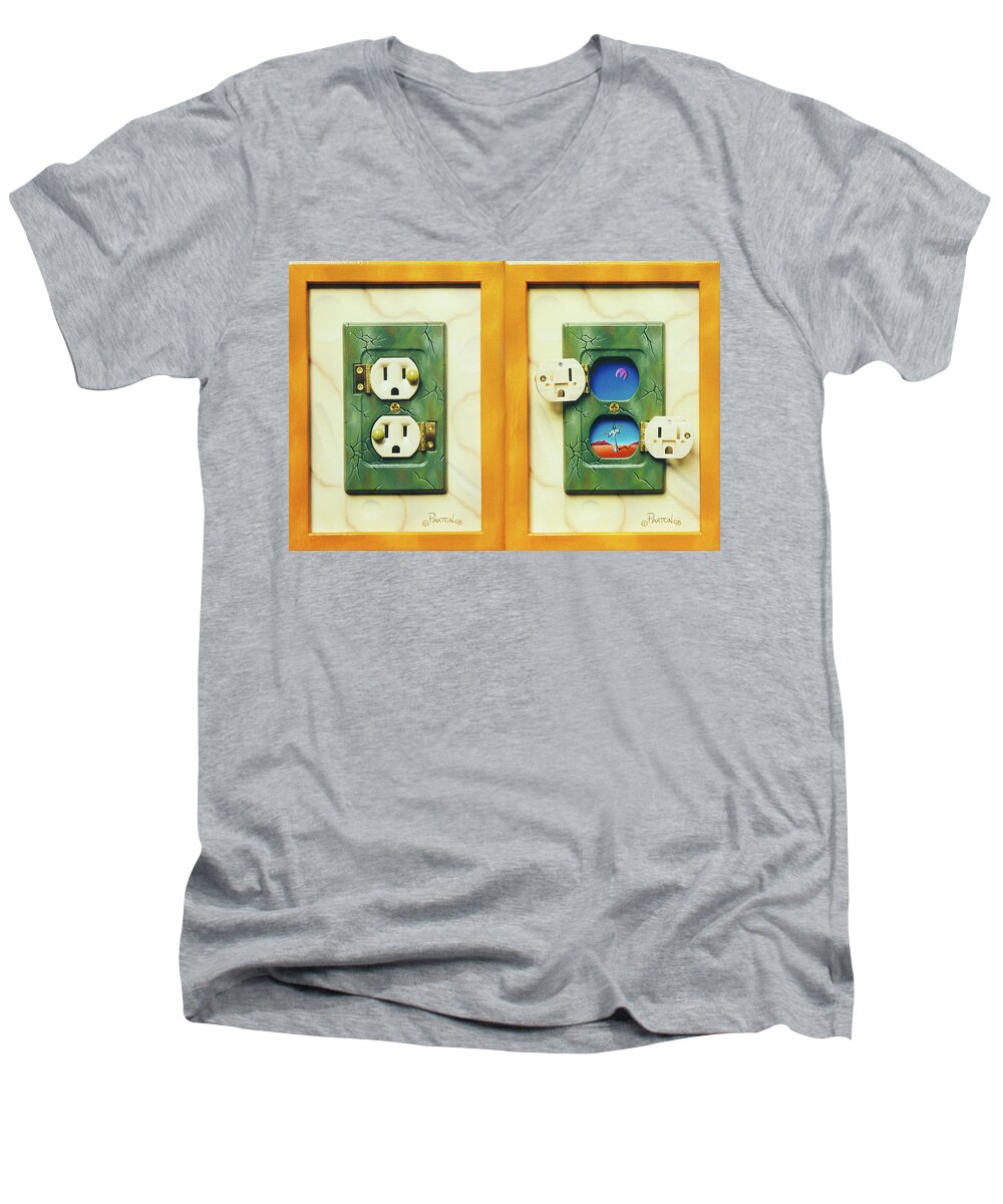  Men's V-Neck T-Shirt featuring the painting Electric View miniature shown closed and open by Paxton Mobley