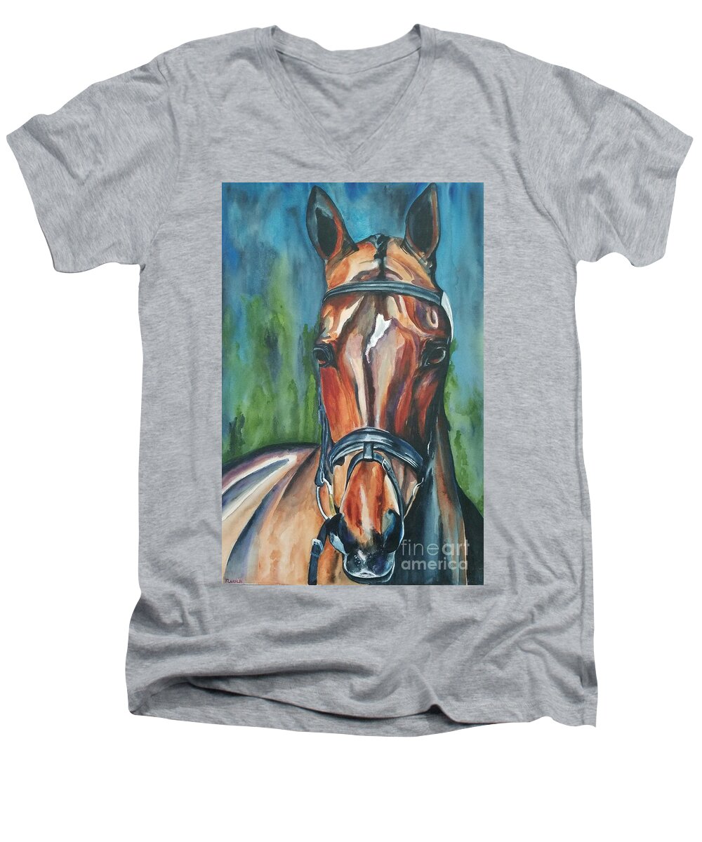 Equestrian Men's V-Neck T-Shirt featuring the painting Elegance in color by Kathy Laughlin