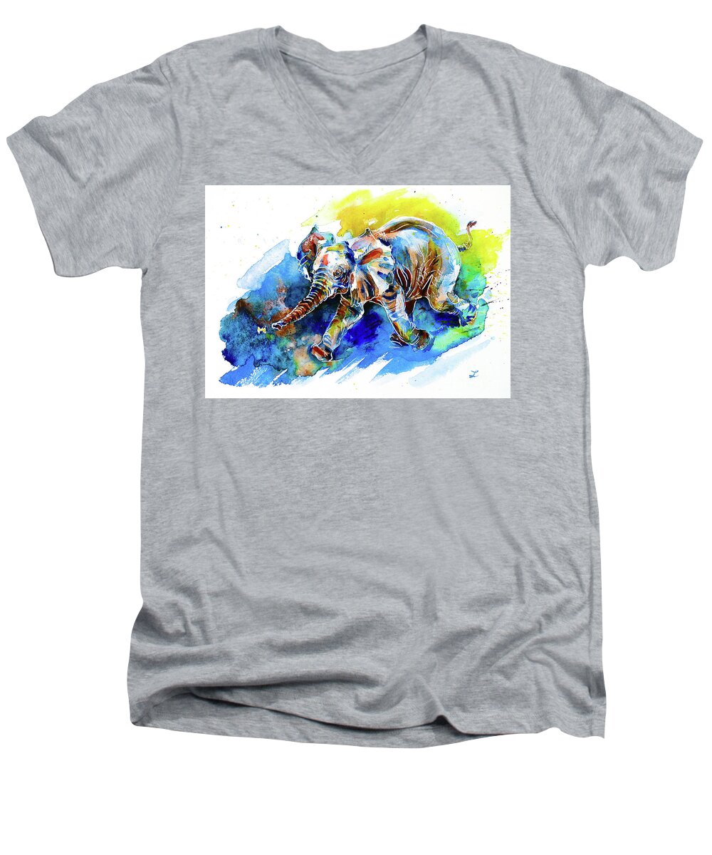 Elephant Men's V-Neck T-Shirt featuring the painting Elephant Calf playing with Butterfly by Zaira Dzhaubaeva