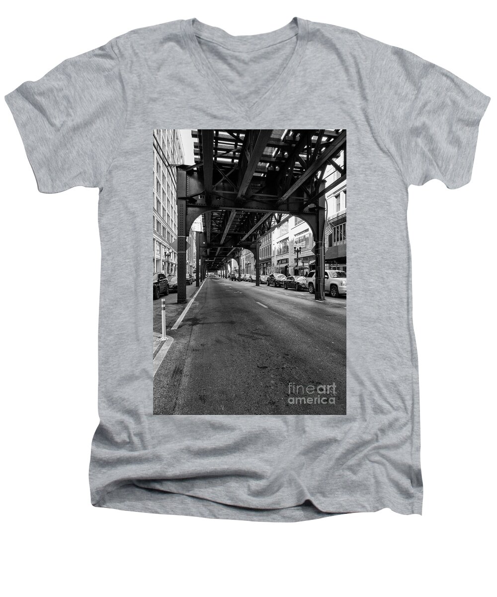 Cars Men's V-Neck T-Shirt featuring the photograph Elevated train track The Loop in Chicago, IL by Patricia Hofmeester