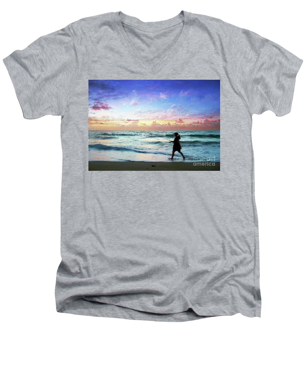 Beach Men's V-Neck T-Shirt featuring the photograph Emerald Coast Florida Seascape Sunset D6 by Ricardos Creations