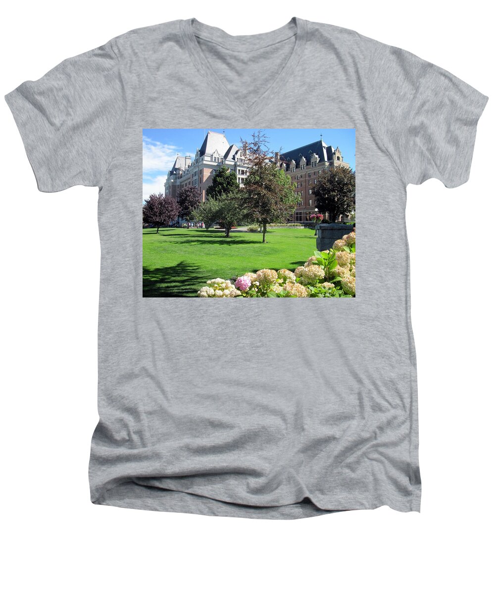 Victoria Men's V-Neck T-Shirt featuring the photograph Empress Hotel by Betty Buller Whitehead