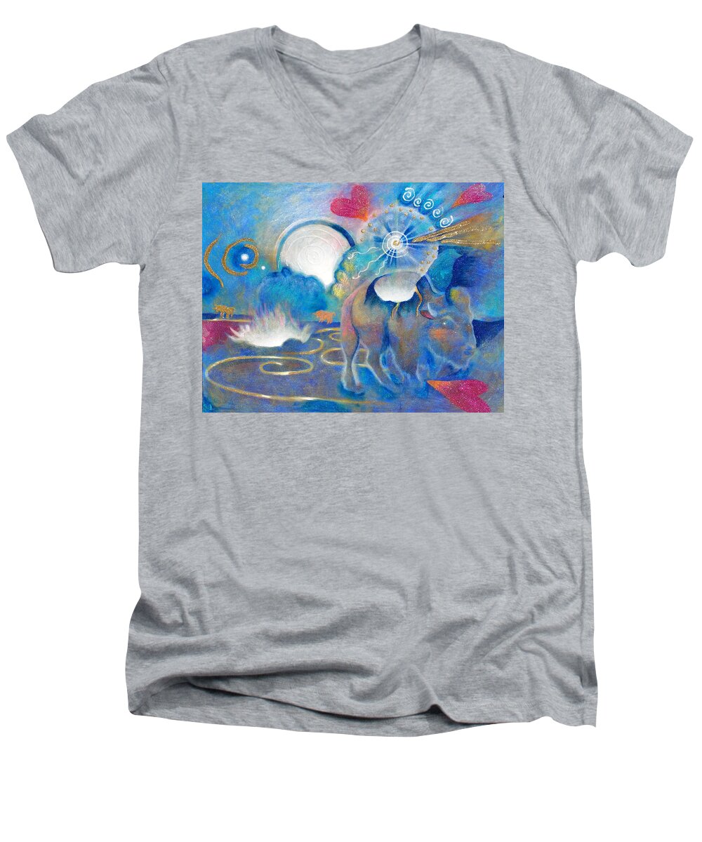 Buffalo Men's V-Neck T-Shirt featuring the painting Eruption of a Wish at the Fire Ceremony by Corey Habbas