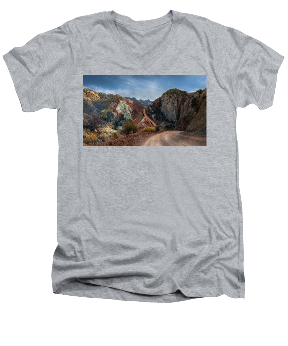 Grand Staircase Escalante National Monument Men's V-Neck T-Shirt featuring the photograph Grand Staircase Escalante Road by Gary Warnimont
