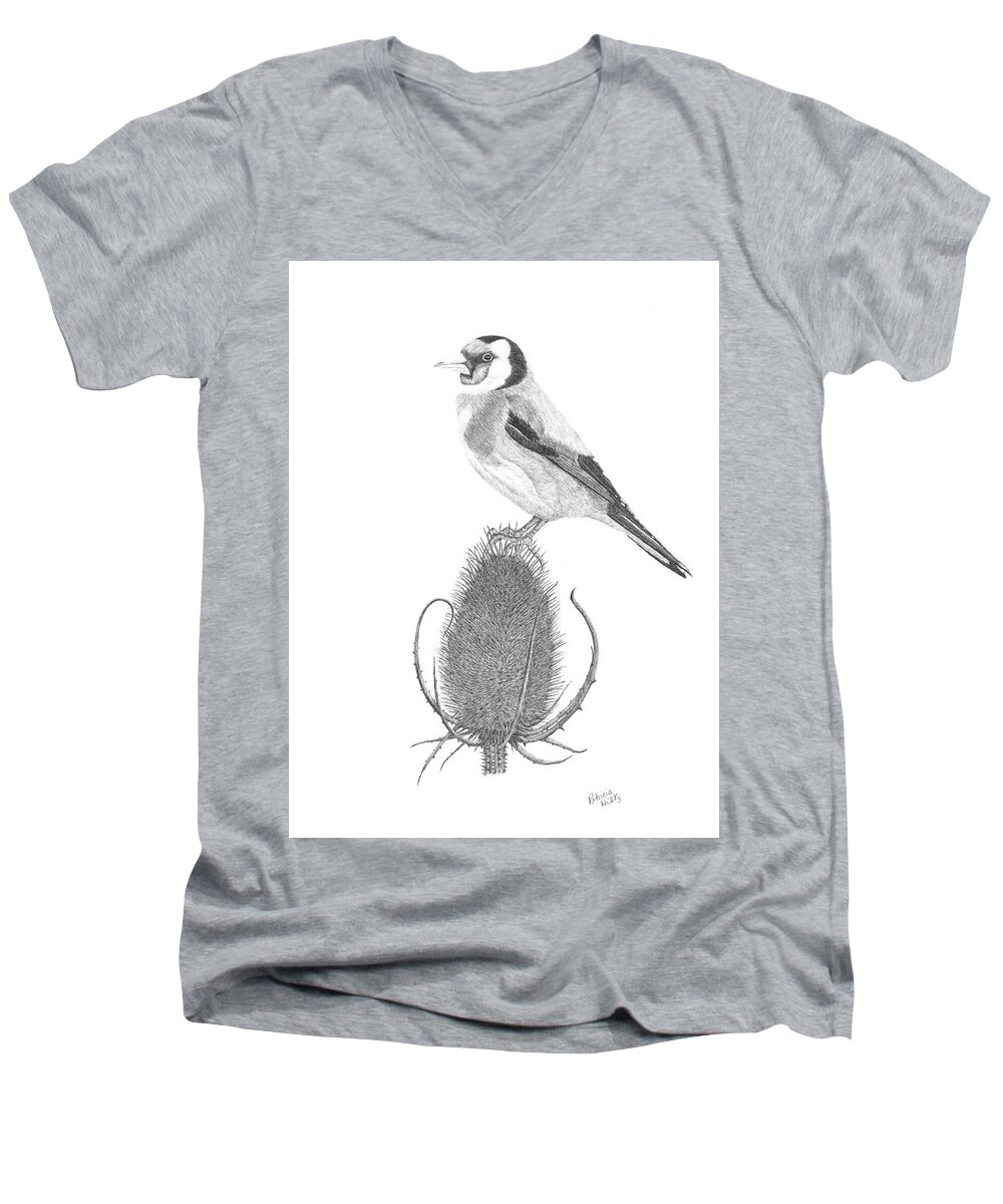 Goldfinch Men's V-Neck T-Shirt featuring the drawing European Goldfinch by Patricia Hiltz