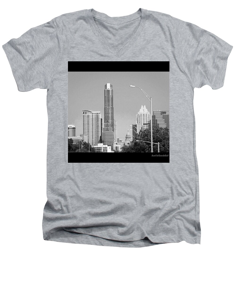 Beautiful Men's V-Neck T-Shirt featuring the photograph Even In #blackandwhite, The #skyline Of by Austin Tuxedo Cat