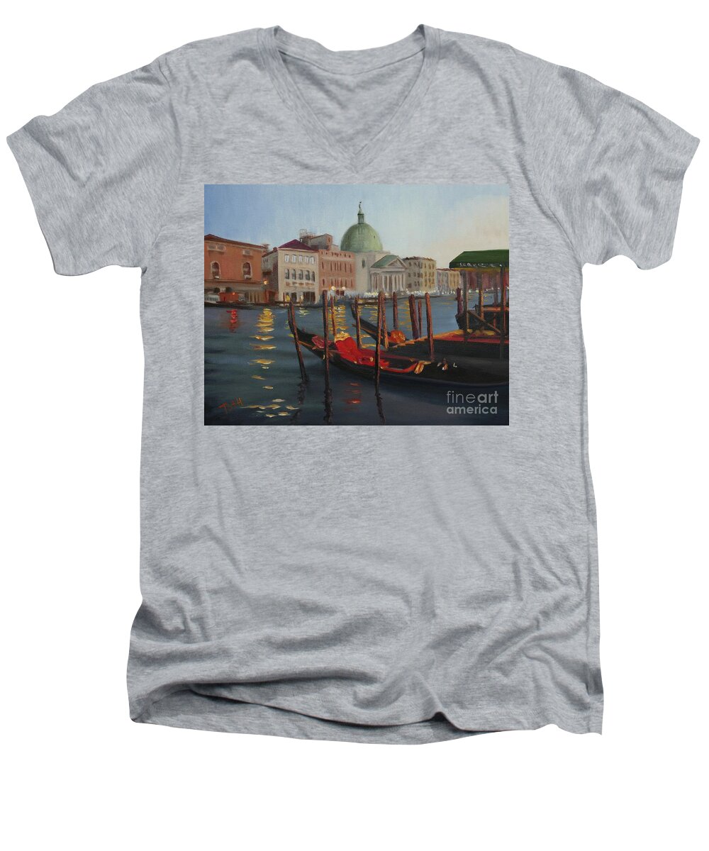 Venice Men's V-Neck T-Shirt featuring the painting Evening in Venice by Laura Toth
