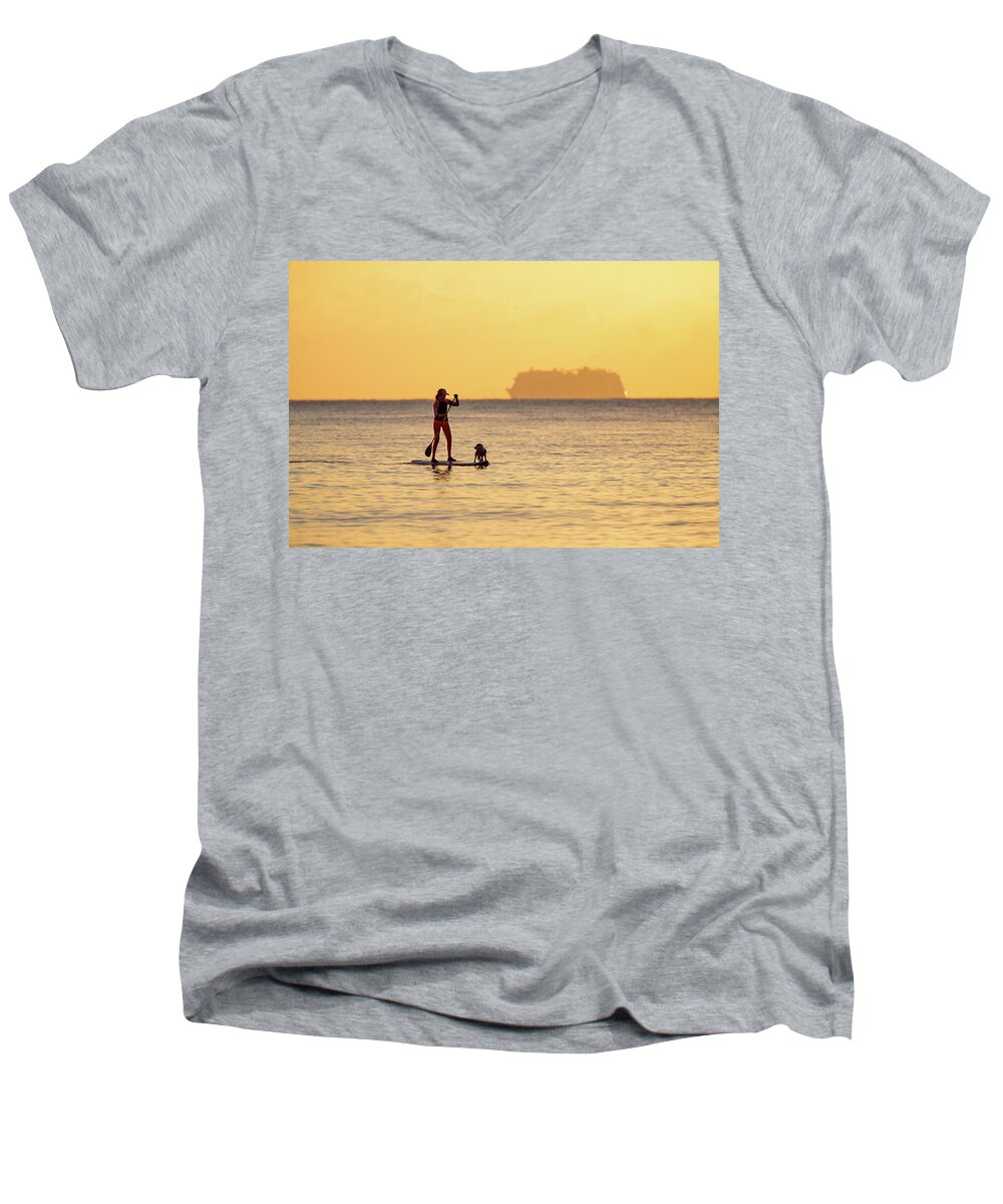 Board Men's V-Neck T-Shirt featuring the photograph Evening Paddle by David Buhler