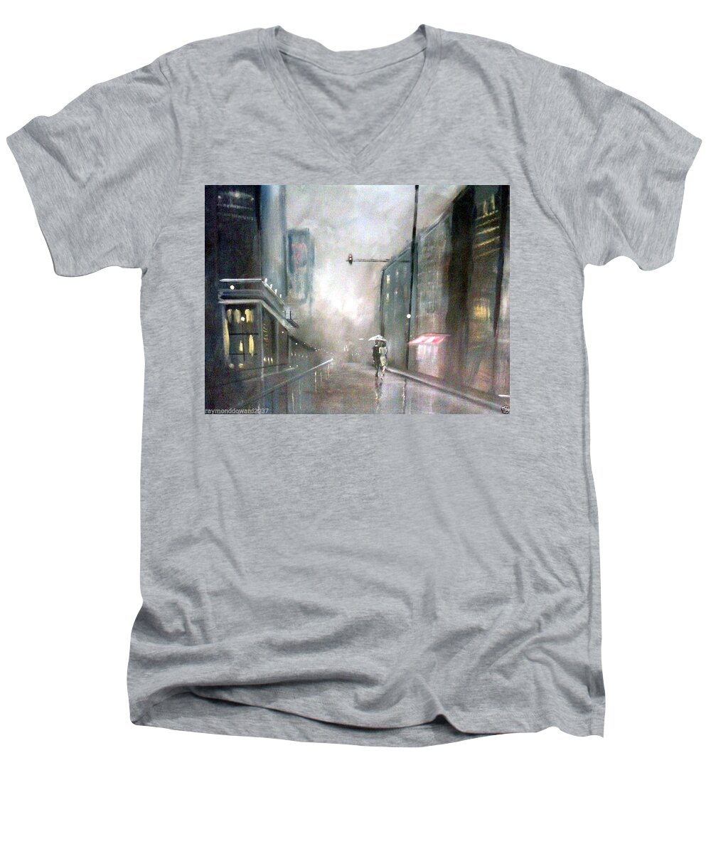 Art Men's V-Neck T-Shirt featuring the painting Evening Walk in the Rain by Raymond Doward