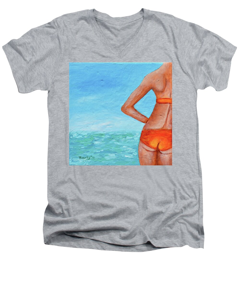 Bikini Men's V-Neck T-Shirt featuring the painting Exhale Softly by Donna Blackhall