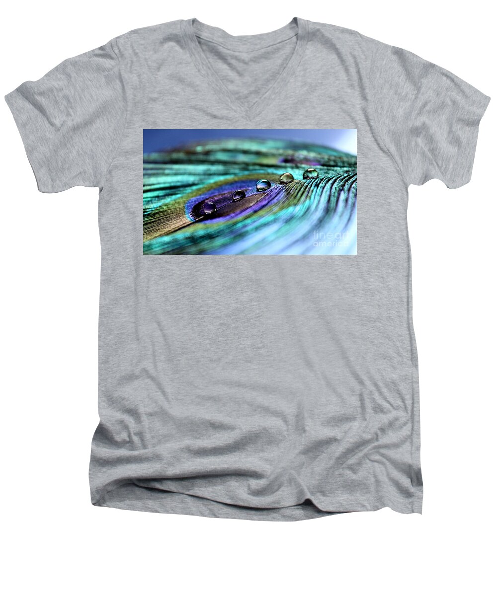 Peacock Feather Men's V-Neck T-Shirt featuring the photograph Exotic Drops Of Life by Krissy Katsimbras