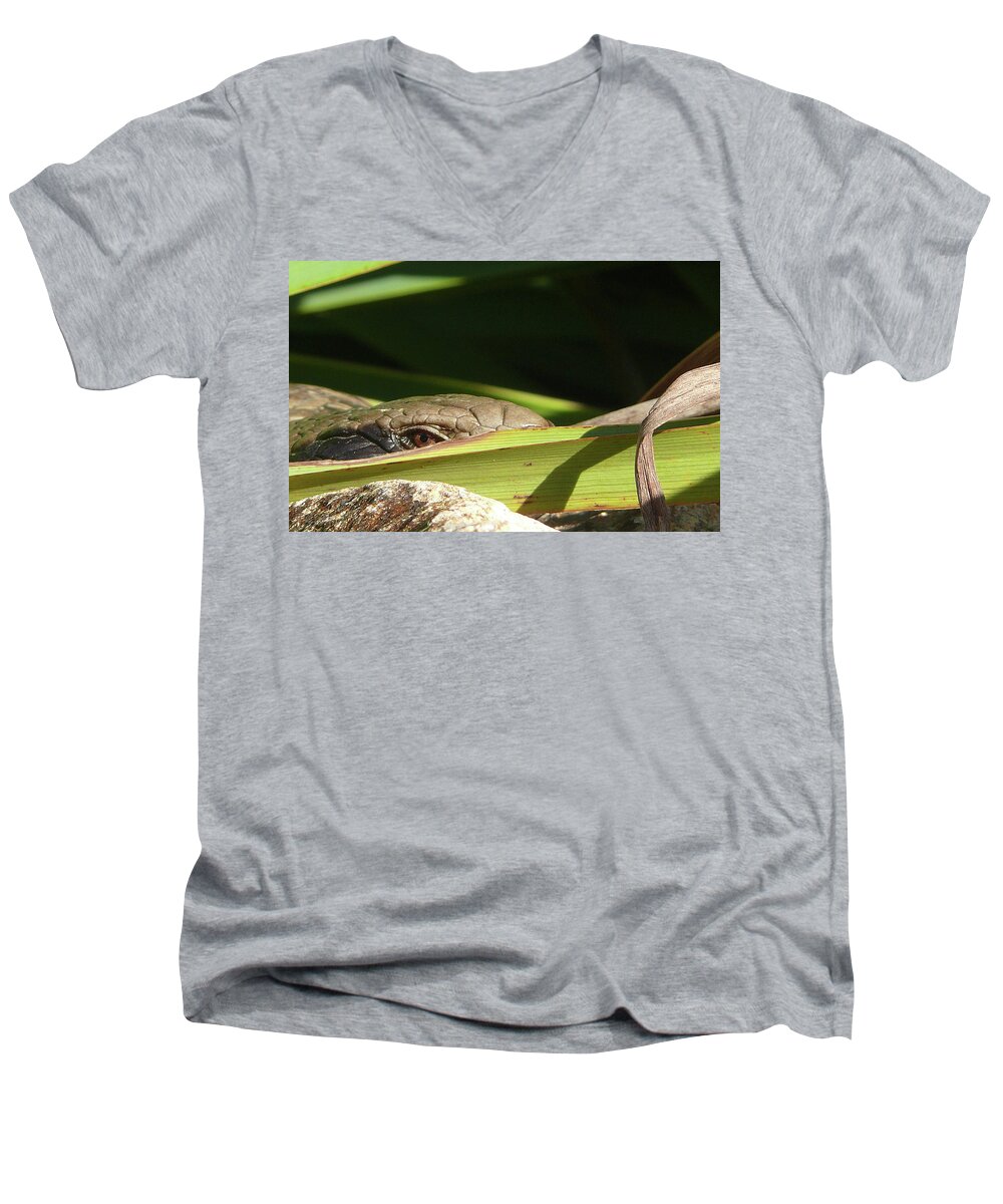 Blue Tongue Lizard Men's V-Neck T-Shirt featuring the photograph Eye Contact by Evelyn Tambour