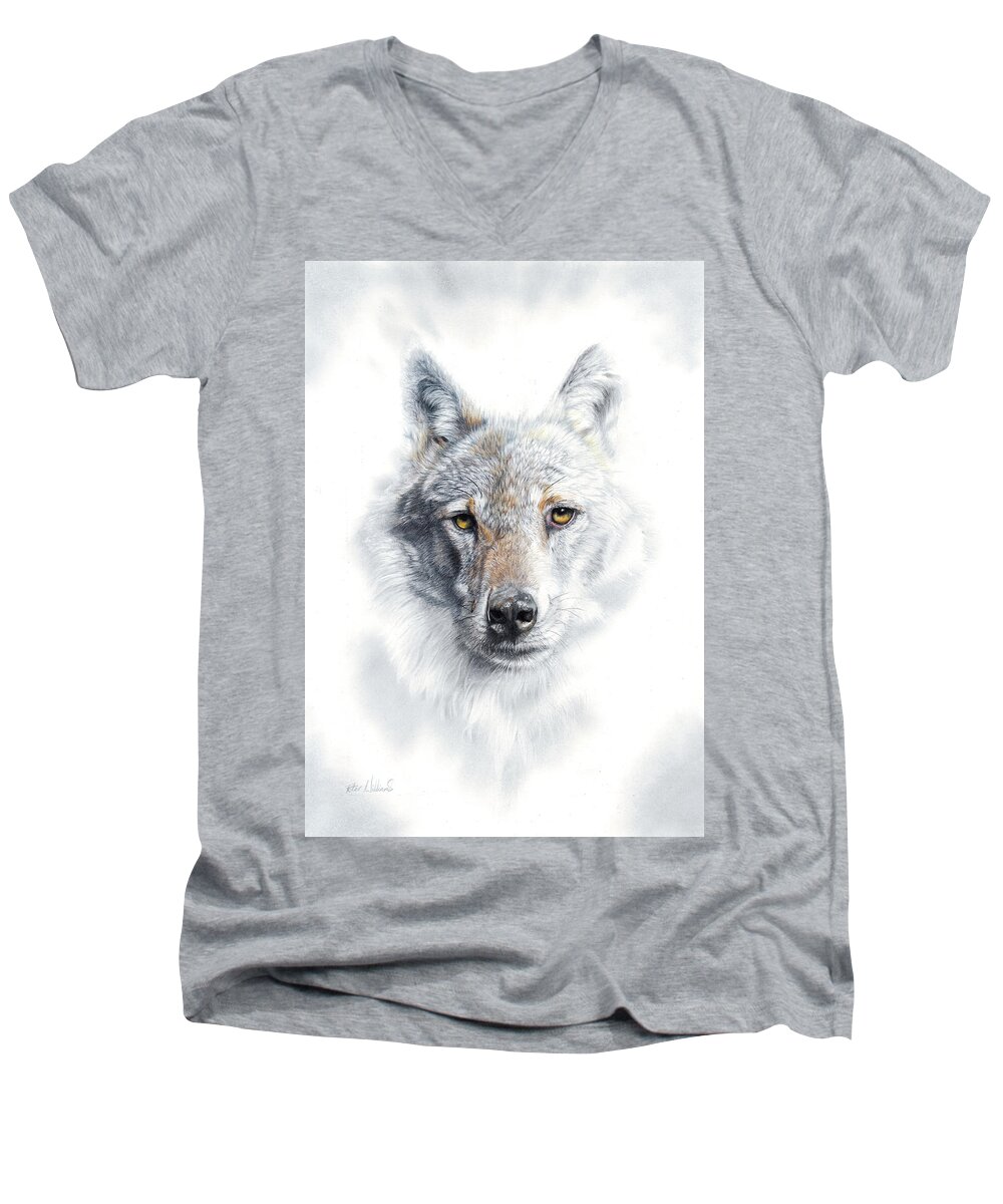 Wolf Men's V-Neck T-Shirt featuring the drawing Fade To Grey by Peter Williams