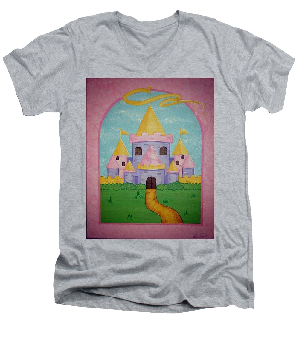 Castle Men's V-Neck T-Shirt featuring the painting Fairytale Castle by Valerie Carpenter