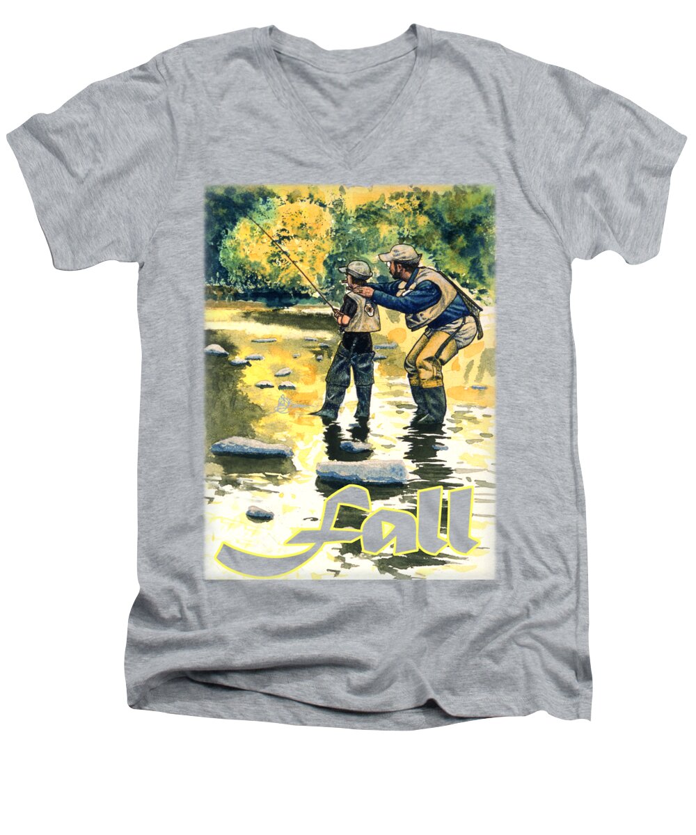 Fly Fishing Men's V-Neck T-Shirt featuring the mixed media Fall Shirt by John D Benson