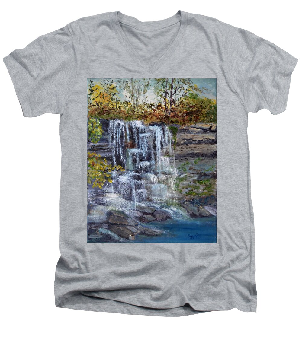 Rock Glen Men's V-Neck T-Shirt featuring the painting Falls at Rock Glen by Peggy King