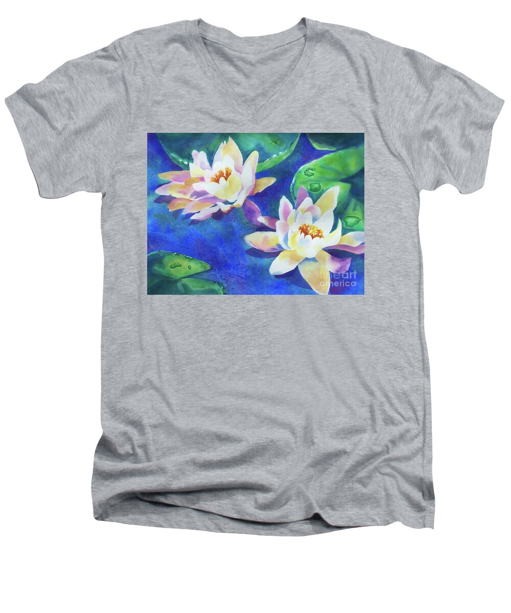Painting Men's V-Neck T-Shirt featuring the painting Fancy Waterlilies by Kathy Braud
