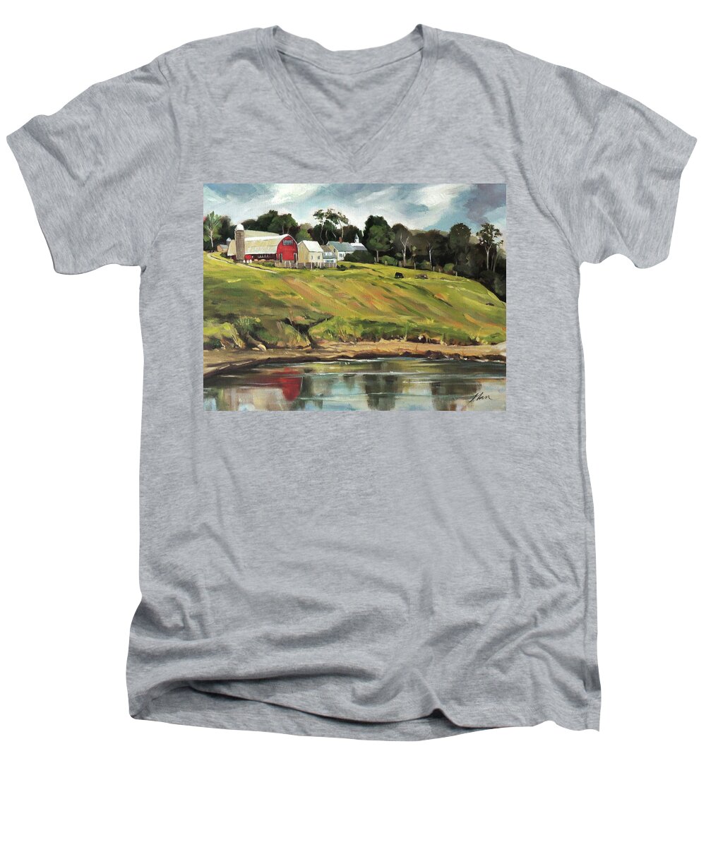 Farm Men's V-Neck T-Shirt featuring the painting Farm at Four Corners by Nancy Griswold