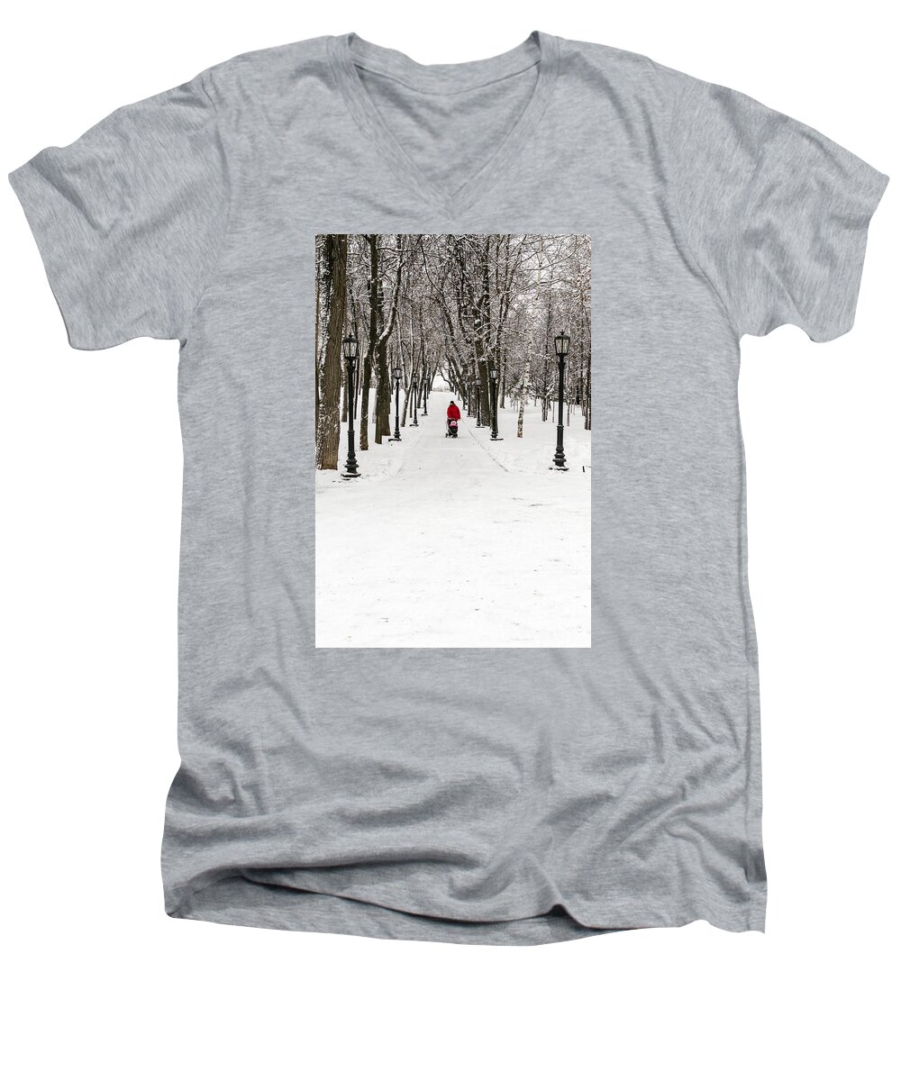 Editorial Men's V-Neck T-Shirt featuring the photograph Father and Child in a Winter Park by John Williams