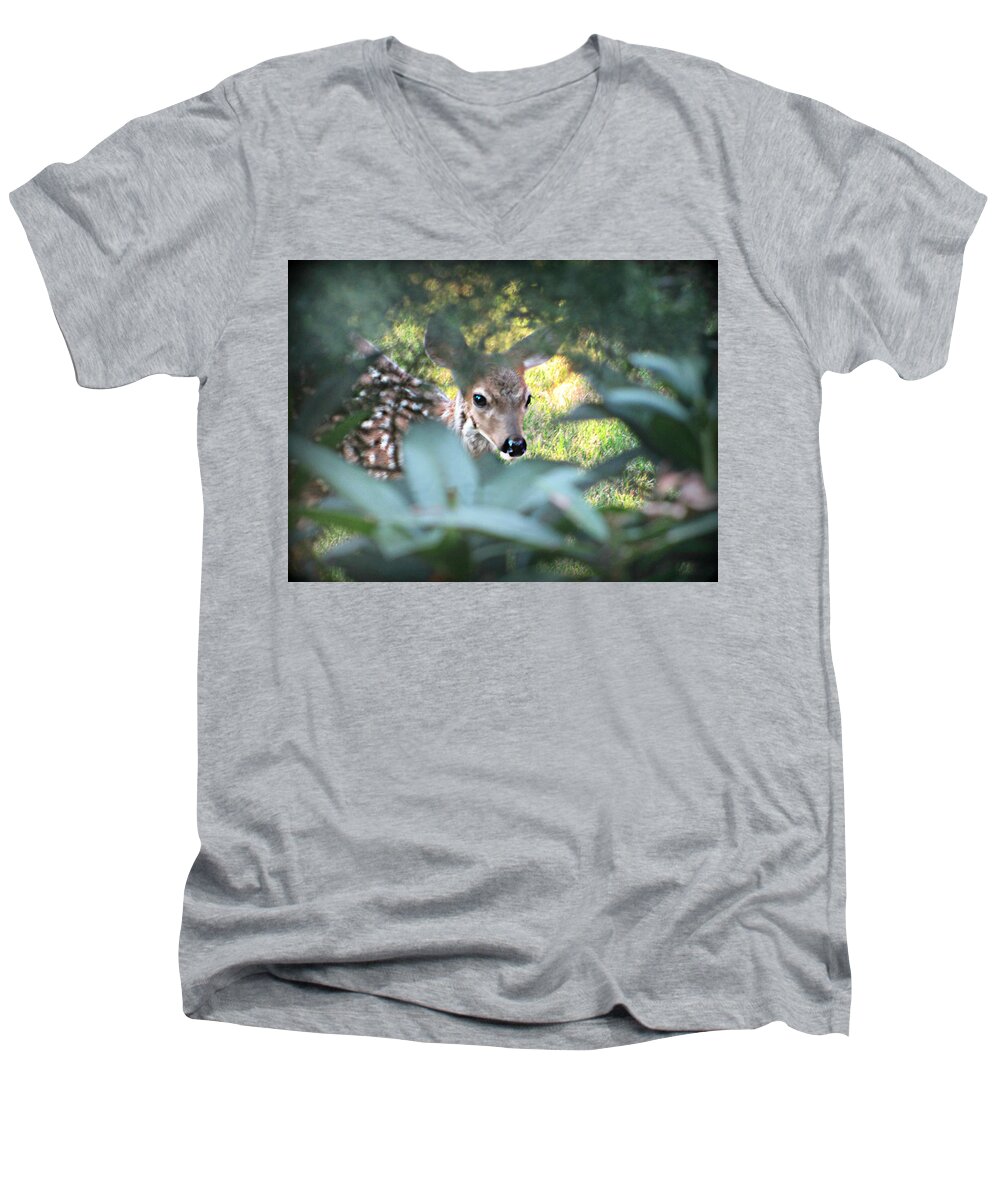 Nature Men's V-Neck T-Shirt featuring the photograph Fawn Peeking Through Bushes by KATIE Vigil