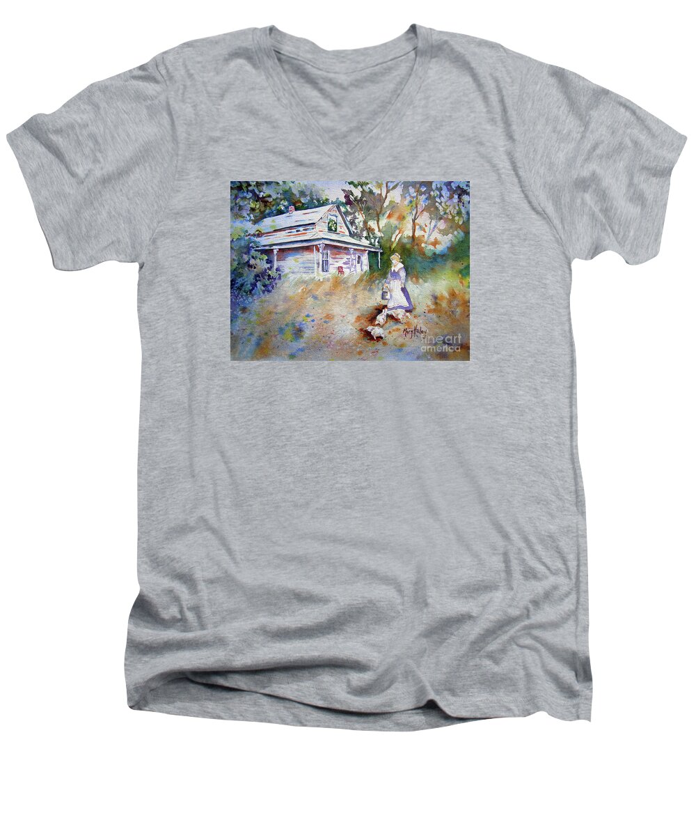 Woman Men's V-Neck T-Shirt featuring the painting Feeding Time by Mary Haley-Rocks