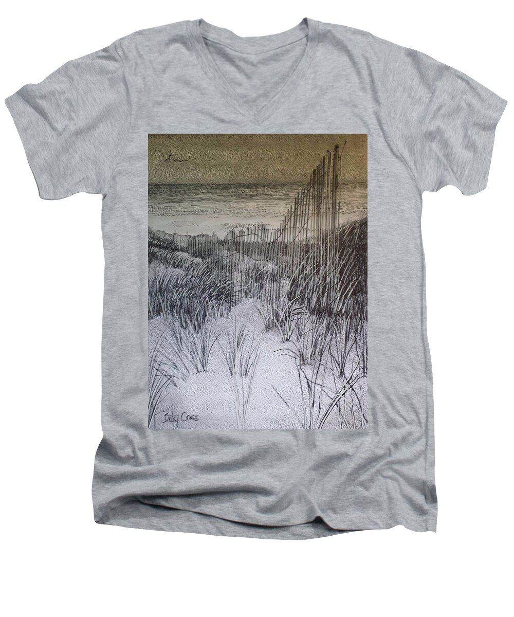  Men's V-Neck T-Shirt featuring the drawing Fence in the Dunes by Betsy Carlson Cross