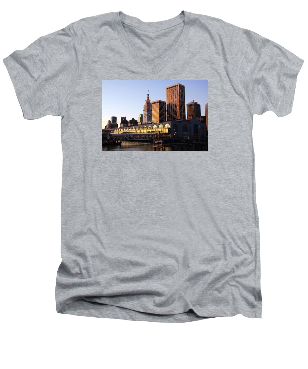 Ferry Men's V-Neck T-Shirt featuring the photograph Ferry Building and San Francisco by James Kirkikis