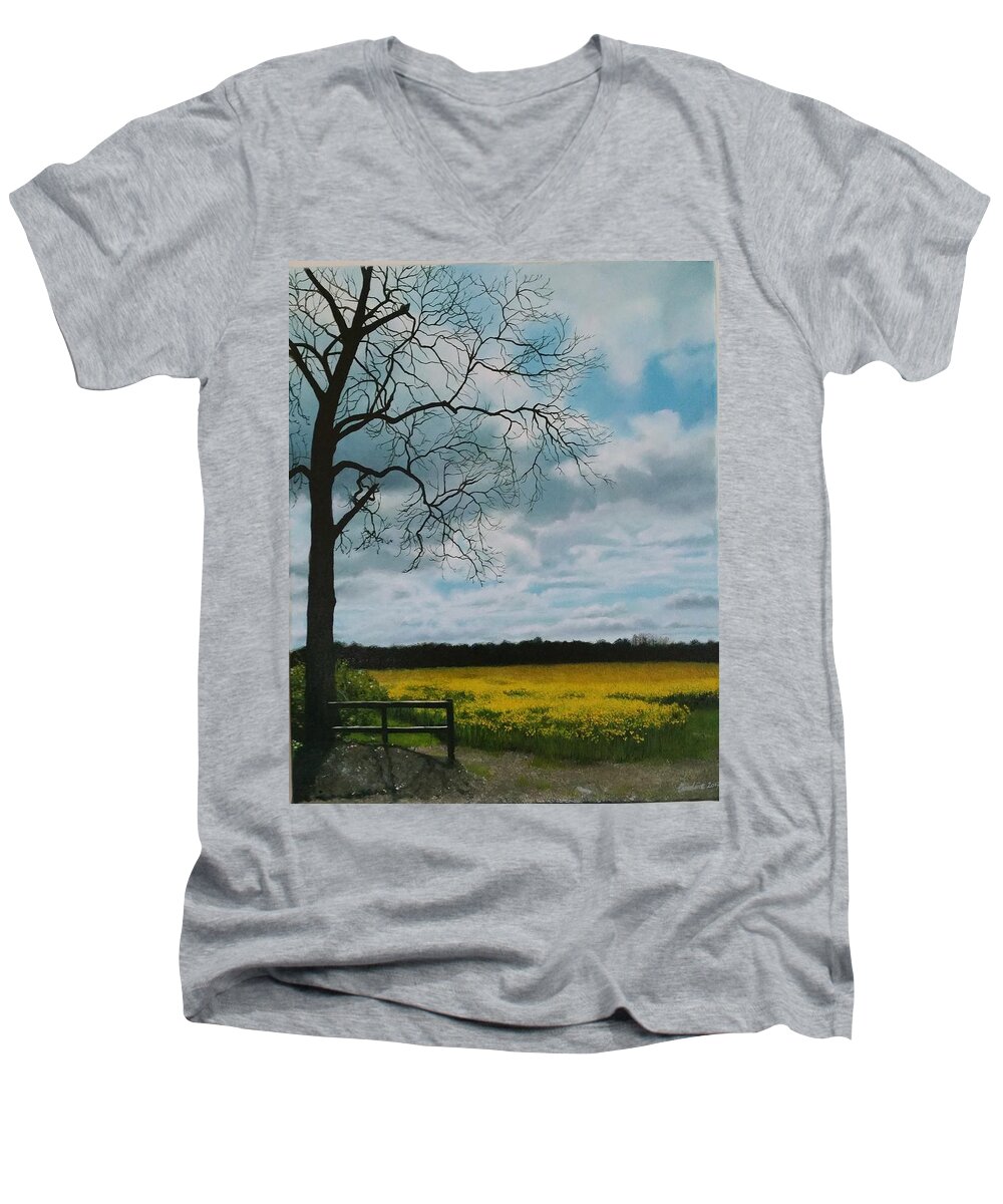 Landscape Men's V-Neck T-Shirt featuring the painting Fields of Yellow by Caroline Philp