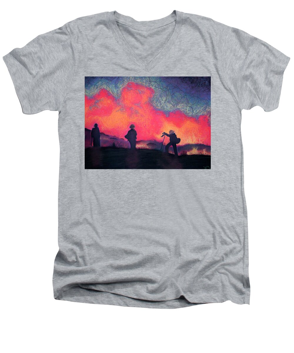 Fire Crews Men's V-Neck T-Shirt featuring the drawing Fire Crew by Joshua Morton