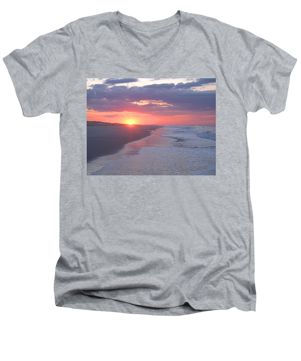Sunrise Men's V-Neck T-Shirt featuring the photograph First Daylight by Newwwman