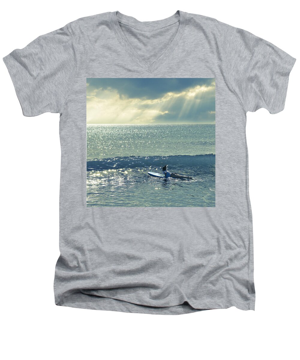 Surfer Men's V-Neck T-Shirt featuring the photograph First Of The Day by Laura Fasulo