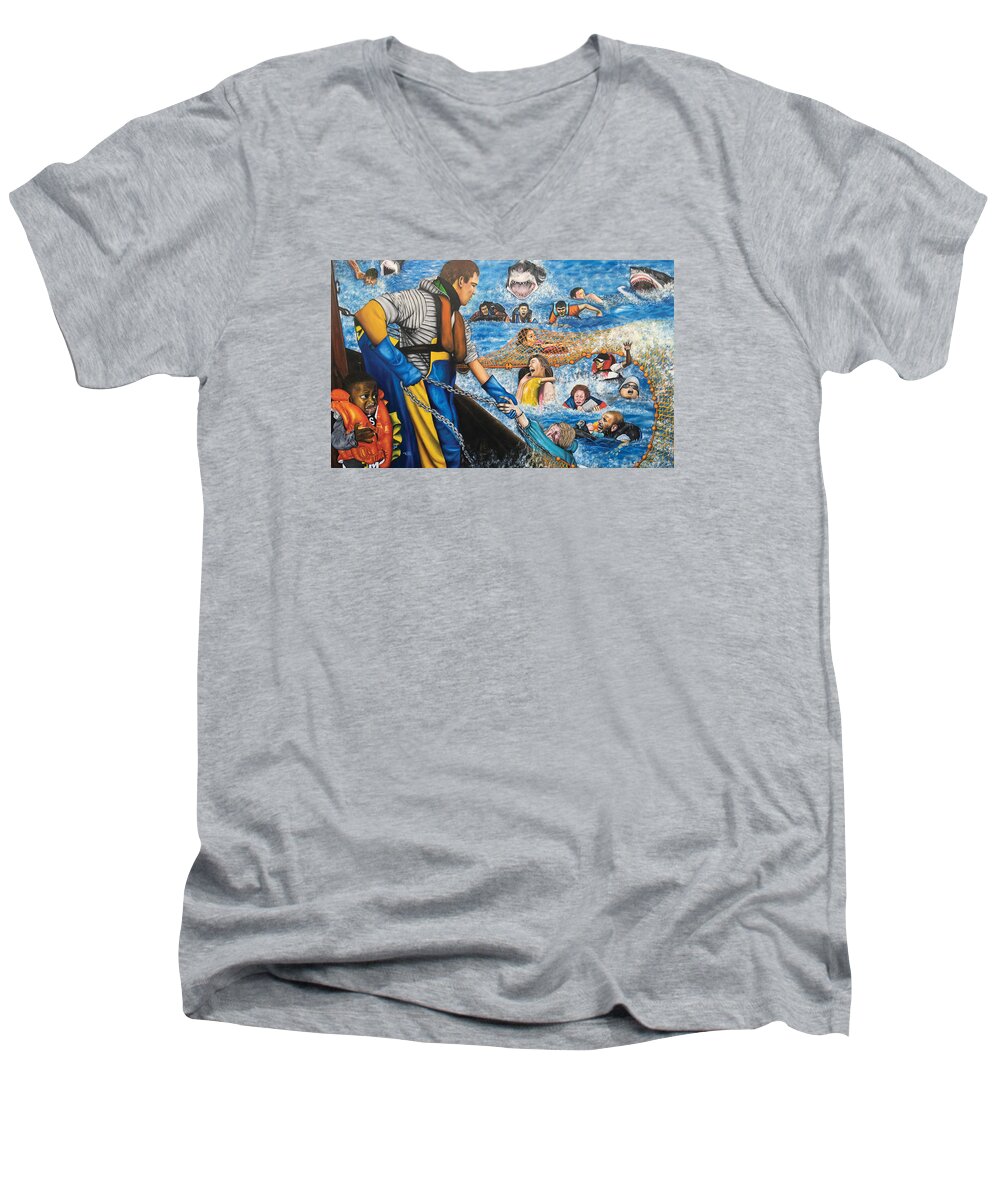 Africa Men's V-Neck T-Shirt featuring the painting Fishers of Men by O Yemi Tubi